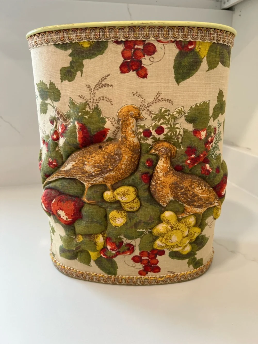 Vintage 1970s JL Clark Padded Fabric Watebasket- Birds & Floral Cottagecore